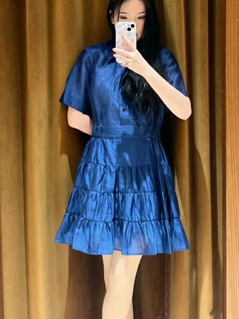 

Women Pleated Elastic Waist Short Sleeve Front Buttons Elegant 2023 Spring Summer Mini Dress with Collar