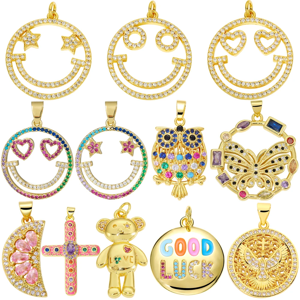 

Juya Handmade 18K Gold Plated Smiley Face Owl Butterfly Lemon Enamel Cross Bear Round Eagle Charms For DIY Women Jewelry Making