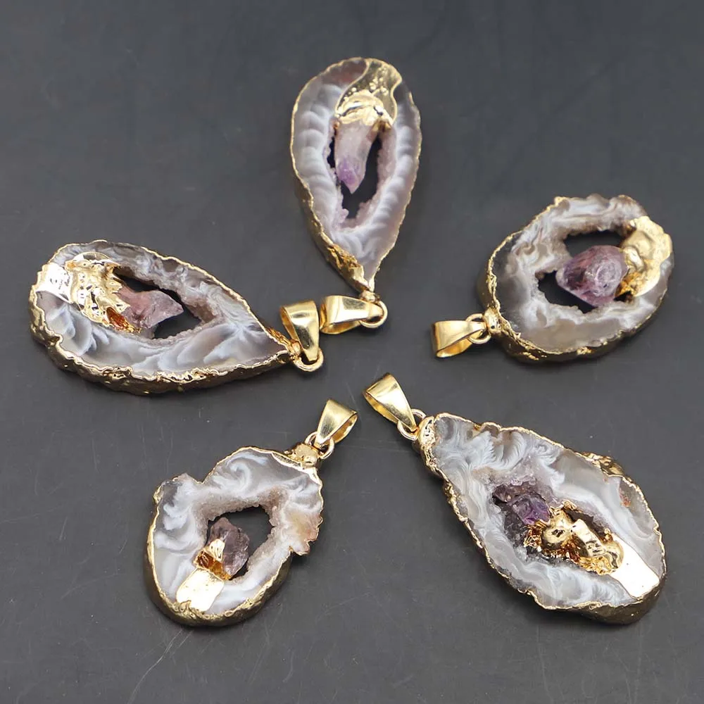 

High Quality Natural Stone Druzy Irregular Pendant Grey Agate Necklace Amethysts Reiki Charms Jewelry Accessories Wholesale 4Pcs