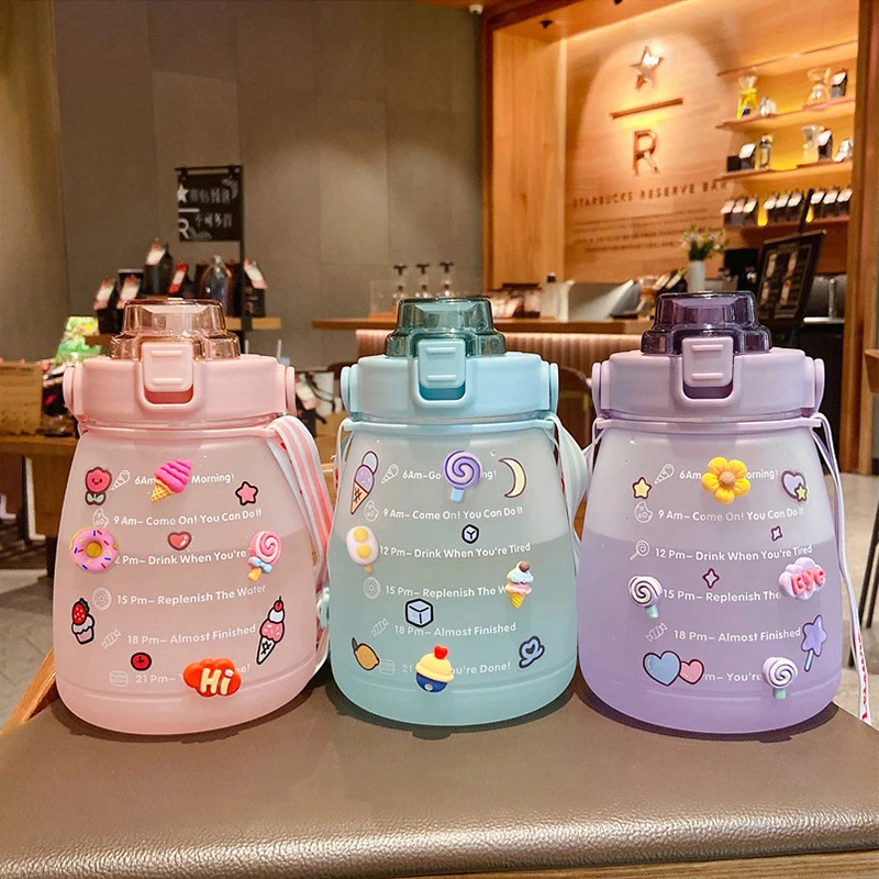 Cute Girls Water Bottle with Stickers Straw Big Belly Cup 1500ml Sports Bottle for Water Jug Children Female Kettle with Strap