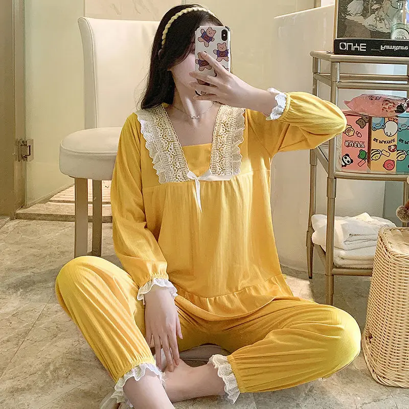 

2022 Spring New Pajamas Women Long-sleeved Home Wear Thin Lace Lace Home Leisure Suit Luxury Fashion Clothes Boutique Clothing