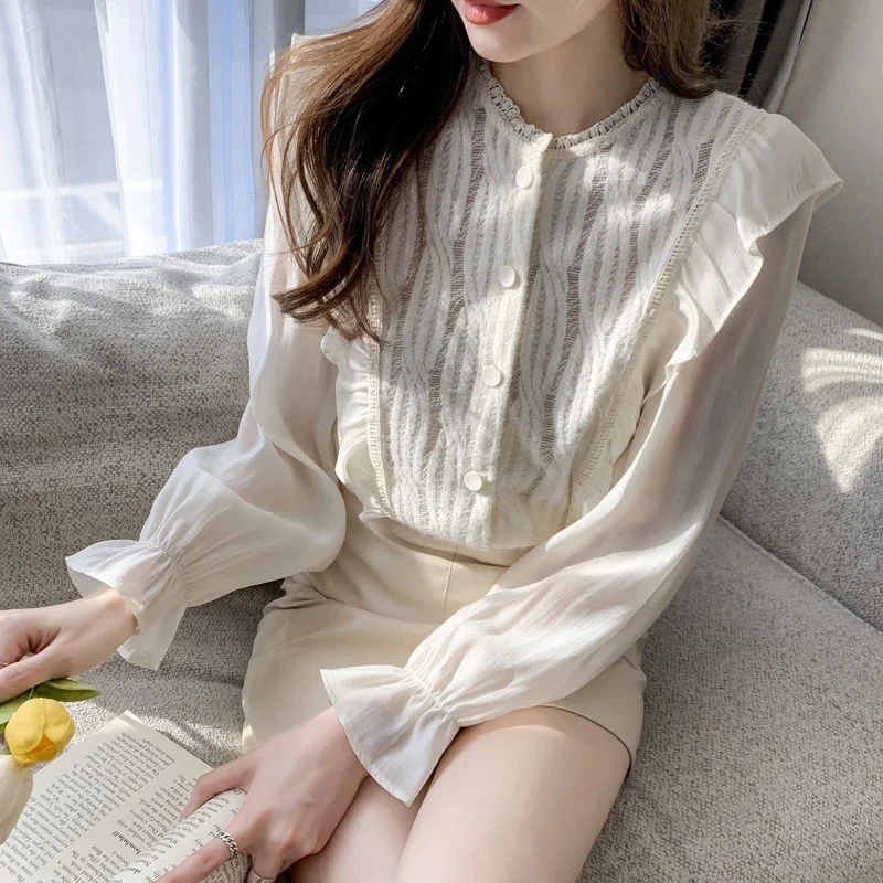 Модная кружевная женская рубашка с длинным рукавом и круглым вырезом оборками