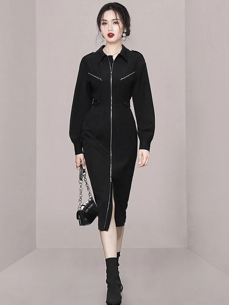 

SMTHMA High Quality New Fashionable Lapel Zipper Puff Long Sleeves Dress Women's Slim Waist Elegant Black Long Dresses Vestidos