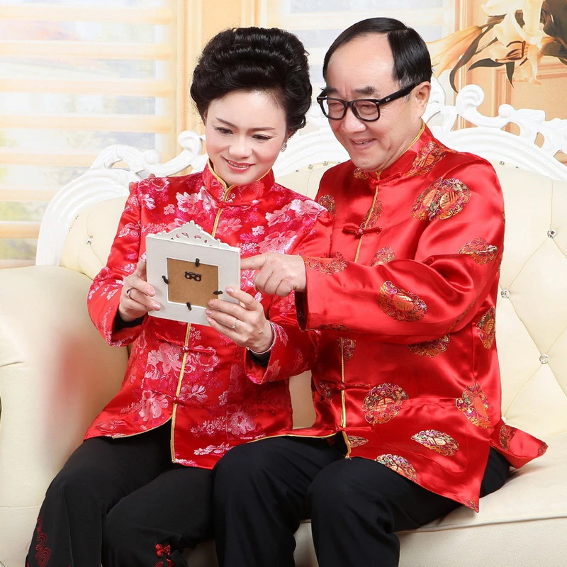 

2022 Chinese Traditional Costume Tang Suit Top Middle-Aged and Elderly Coat Jacket Couple Wear Birthday Wedding Banquet Costume