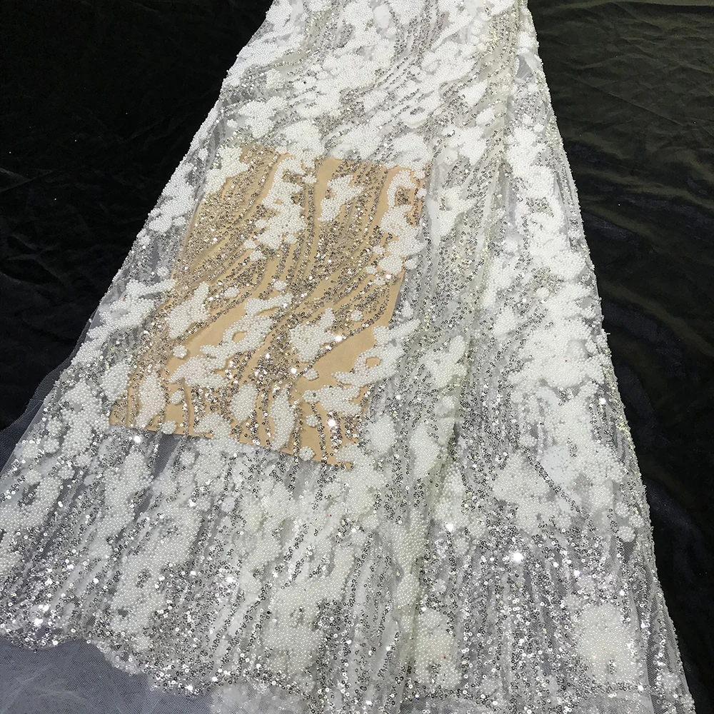 

French White Pearl Wedding Tulle Striped Sequin Lace Fabric with Beads Luxury Quality Bridal Evening Dress Shiny Sewing Material