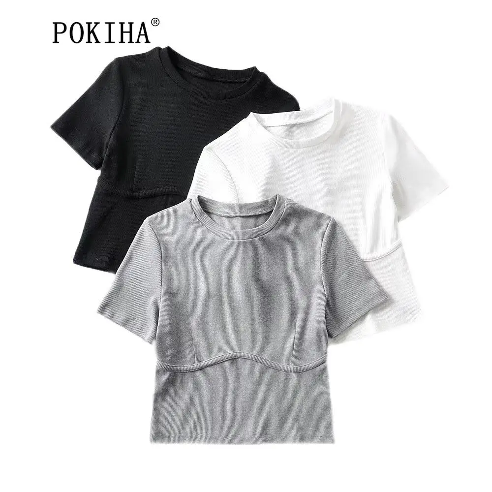 

Pokiha 2023, модная повседневная черная, белая однотонная Базовая Тонкая Вязаная футболка с круглым вырезом и коротким рукавом, женские топы, шикарная винтовая нить