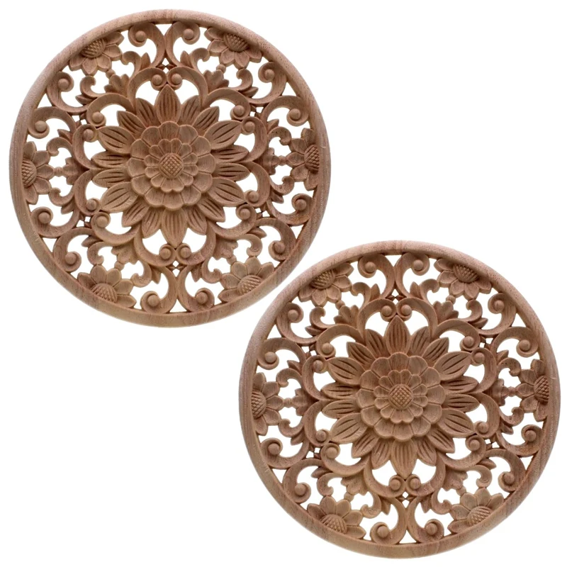 

2X Carved Flower Carving Round Wood Appliques For Furniture Cabinet Unpainted Wooden Mouldings Decal Decorative Figurine