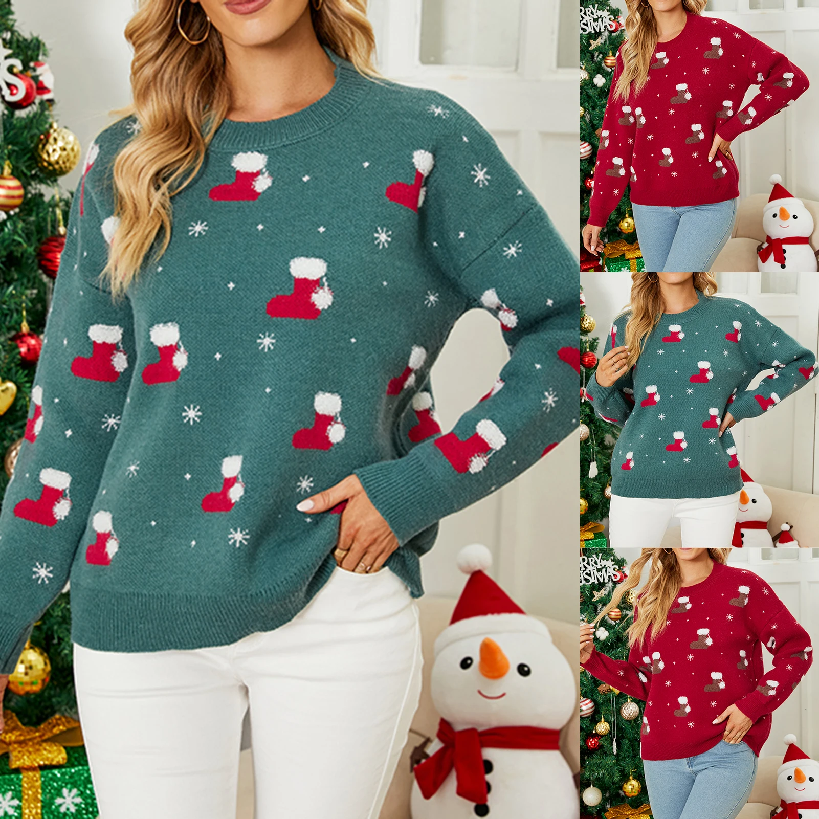 

Women Christmas Sweater Chic Womens Clothing Loose Snowflake Boots Pattern Christmas Knitwear All-match Daily Female Clothing