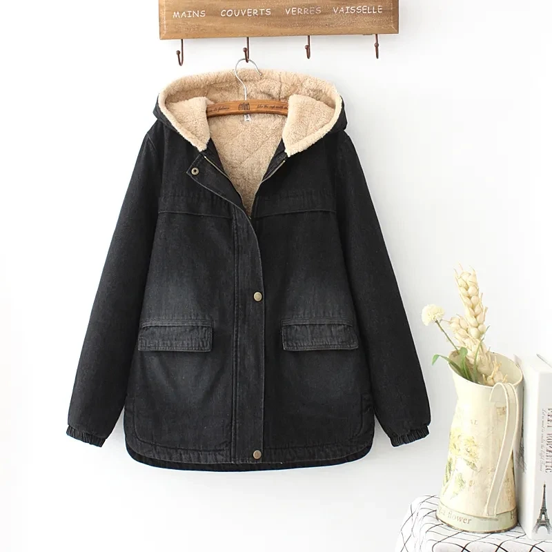 

Новая джинсовая куртка большого размера, женские свободные винтажные джинсовые куртки с капюшоном, женская одежда с хлопковой подкладкой, женские топы, Толстая теплая верхняя одежда