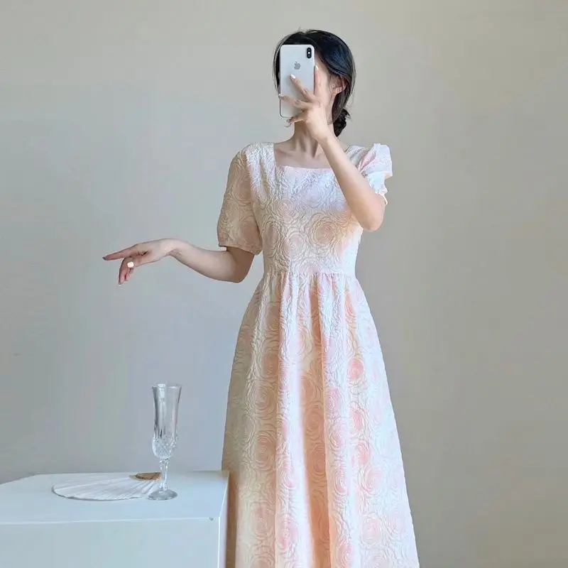 

Korean Summer Elegant Women Dresses Vintage Office Lady Slash Neck Female Dress Puff Sleeve