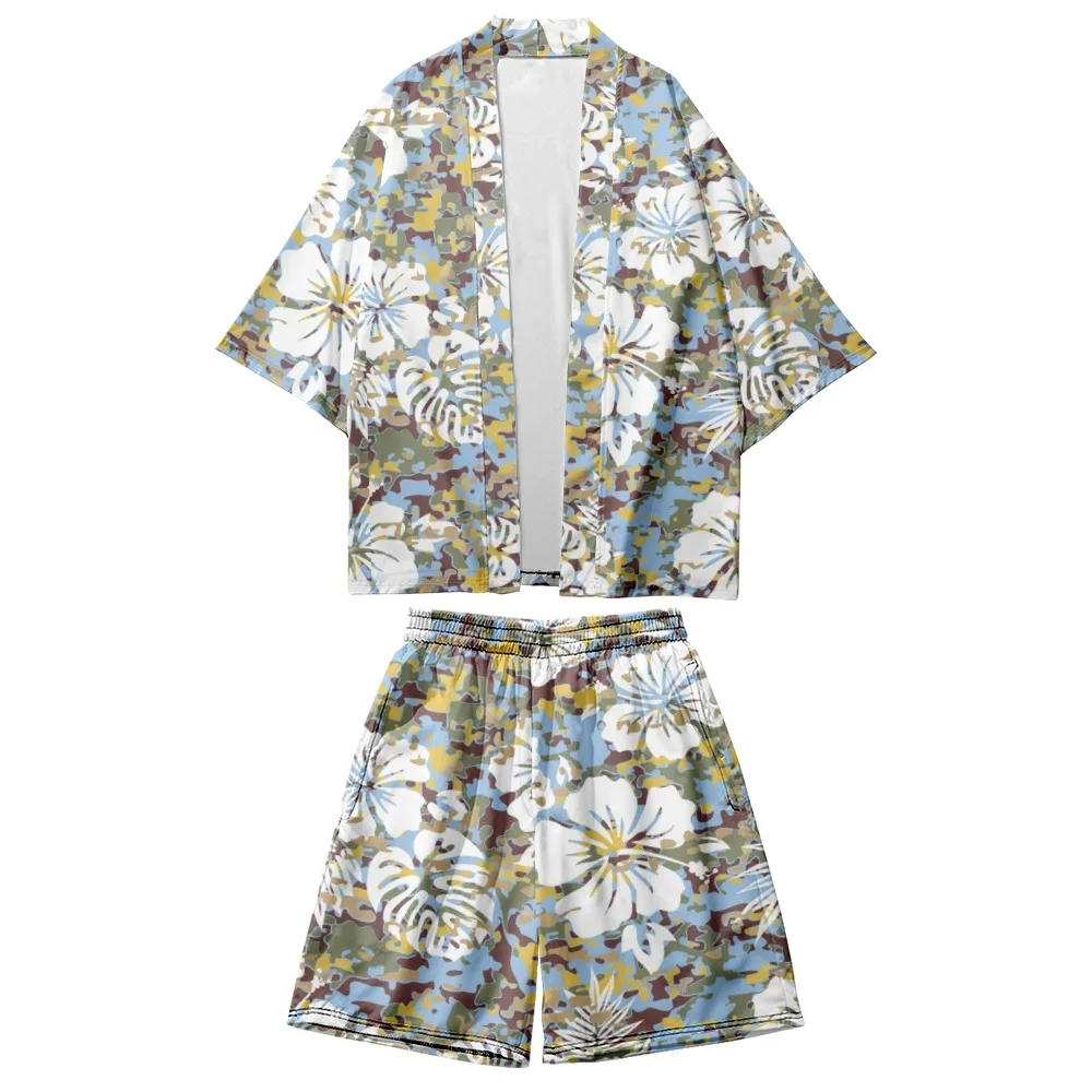 

Camouflage flowers Printing Creative 3D Digital Printing Daily Men's and Women's Short Sleeve Kimono Shorts Set