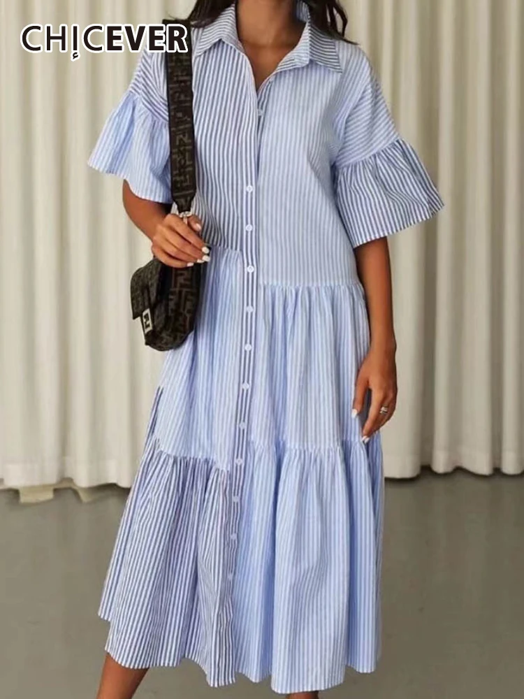 

CHICEVER, полосатые плиссированные платья для женщин, с отворотом, с расклешенным рукавом, однобортное, с высокой талией, свободное, хит, цвет миди, платье для женщин, новинка