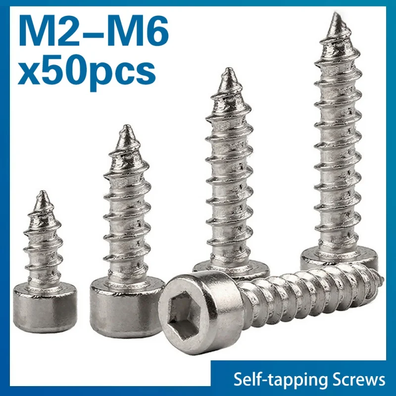 

50pcs/lot Hex Hexagon Socket Cap Head Self Tapping Screw Grade 8.8 Nickel Plated Carbon Steel Allen Head M2 M2.. 6 M3 M4 M5 M6