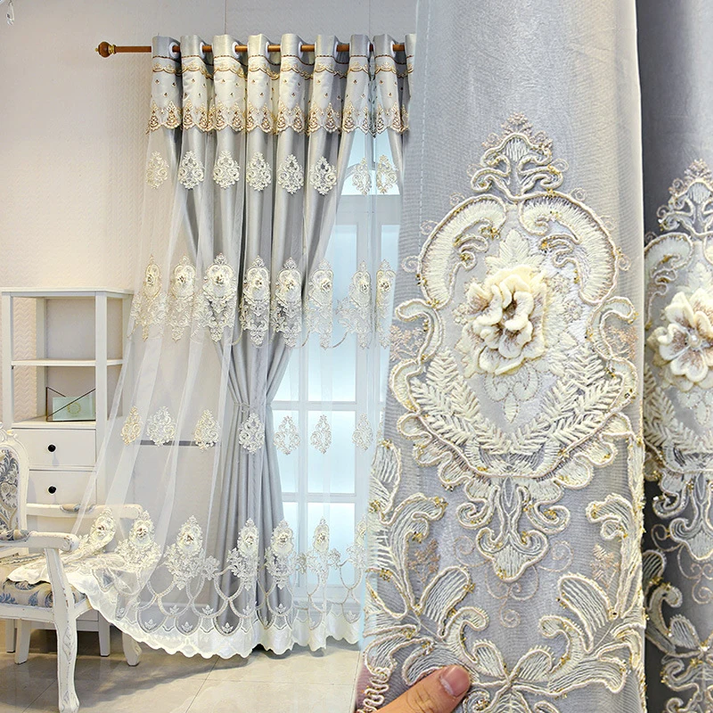 

Double Layers Voile Sheer Embroidered Window Curtain Panel and Valance, Luxury Tulle Blackout Curtains