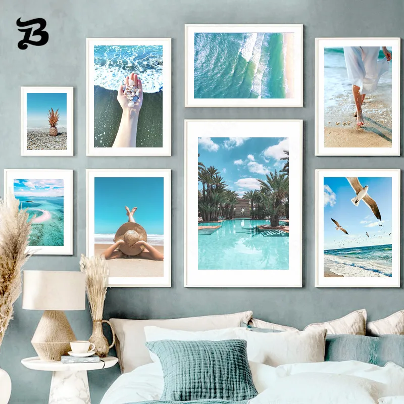 

Canvas Painting Landscape Wall Art Blue Sea, Blue Sky Seascape Seagull Girl By The Sea Wall Art Canvas Prints Posters Home Decor