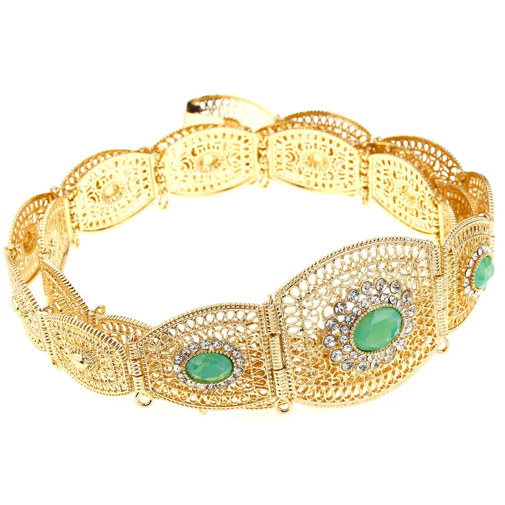 

Sunspicems Algeria Morocco Gold Belt For Women Arabic Robe Caftan Belt Mintgreen Crystal Waist Sash Bride Wedding Jewelry Gift