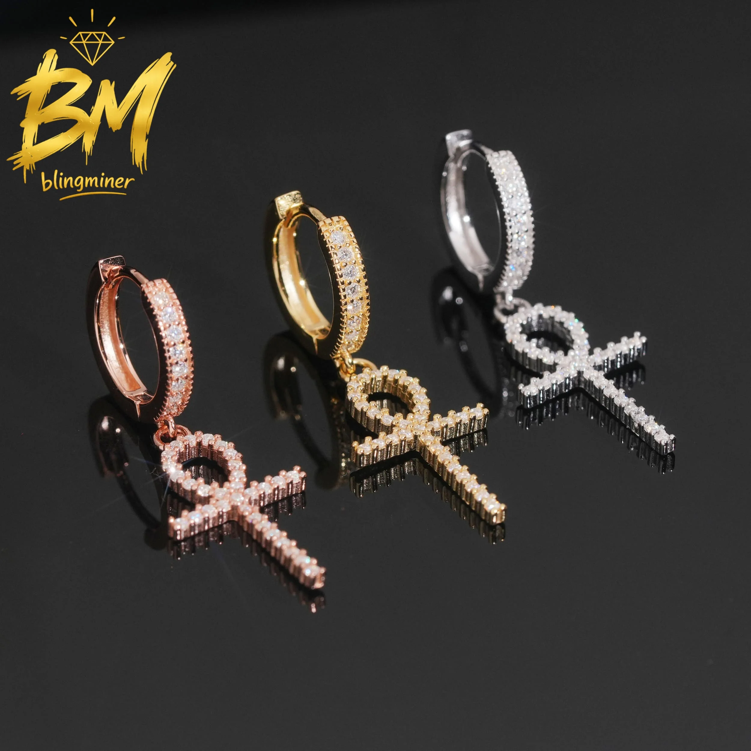 Фото Серьги Blingminer Hip Hop Cross VVS Moissanite из серебра S925 пробы для мужчин и женщин, ювелирные изделия, прошедшие проверку на алмазном тестере GRA №3