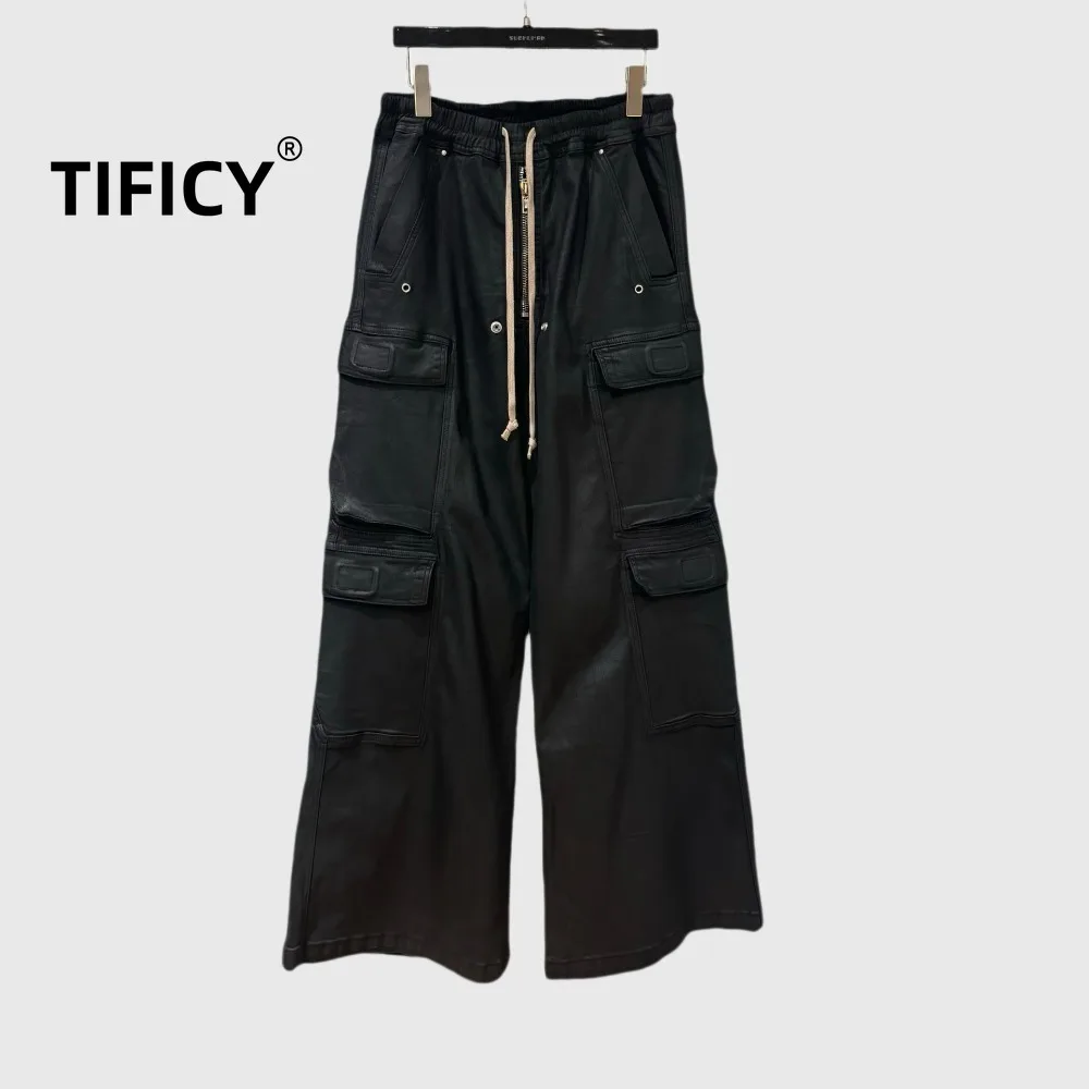 Фото Темные RO Стиль High Street Style Широкие рабочие джинсы Брюки Мужские эластичные талии Темные расклешенные повседневные брюки с несколькими карманами длиной до пола №1