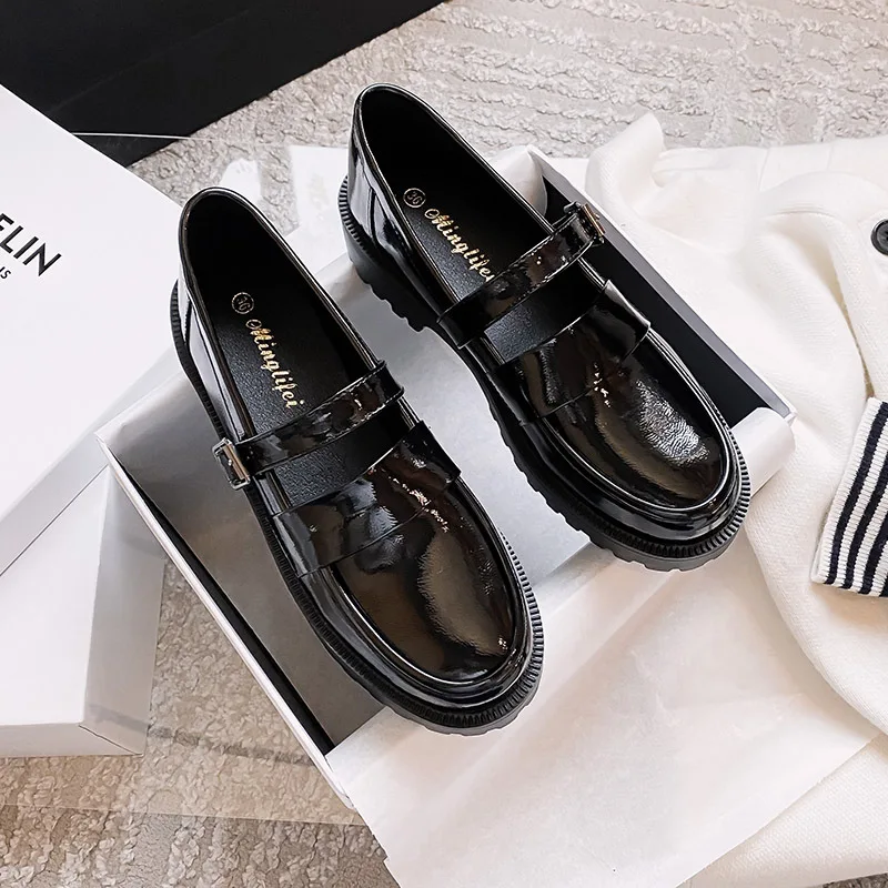 Women Mary Jeans Japanned Leather Loafers Femme Luxury Mocasines Thicken Soled Oxfords Ladies Shoes