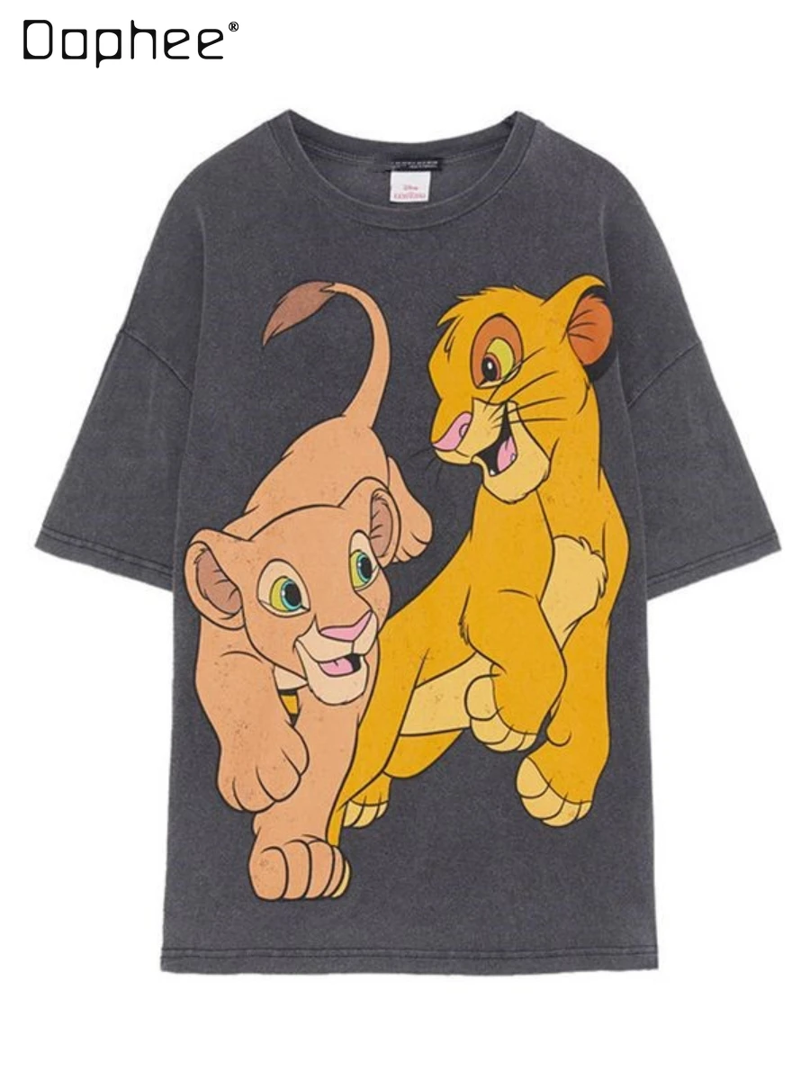 

2022 Summer New Women's Cartoon Lion King Dumbo Printed Short Sleeve Round Neck T-shirt Fashion All-Match Casual White T shirt