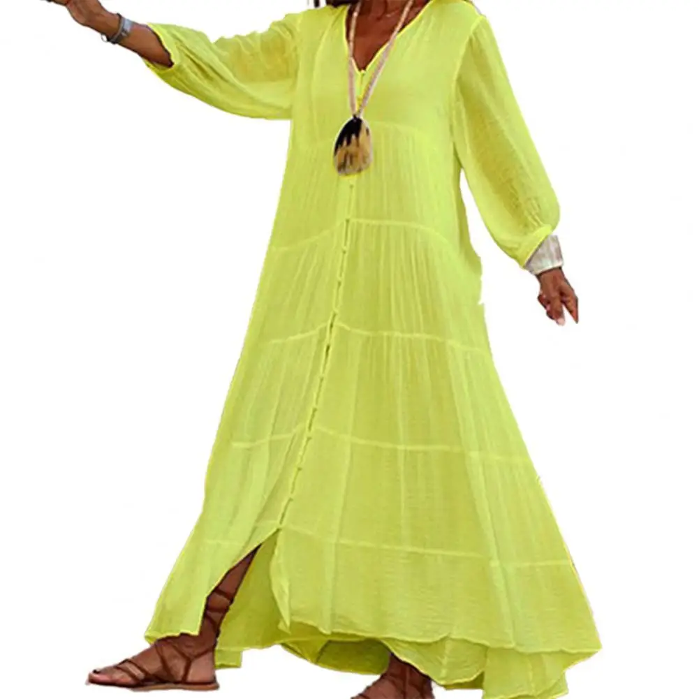 

Women Summer Elegant Dress Celmia Bohemian V Neck Single Breasted Casual Puff Sleeve Maxi Dresses Leisure Vestidos with Lining