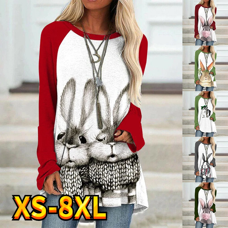 

Women's T shirt Tee Catoon Rabbit Graphic Patterned Weekend Painting Long Sleeve Print Round Neck Basic Essential Tops XS-8XL