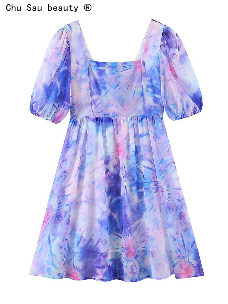 

Женское Короткое платье-мини с принтом, эластичное фиолетовое платье с квадратным вырезом и рукавами-фонариками, лето 2022