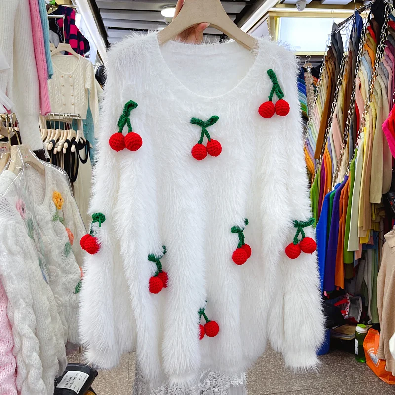 

Hikigawa Chic Fashion Women Winter Lazy Style White Faux Mink Cashmere Sweater Loose 3D Cherry Decoration Thickened Pullover Top