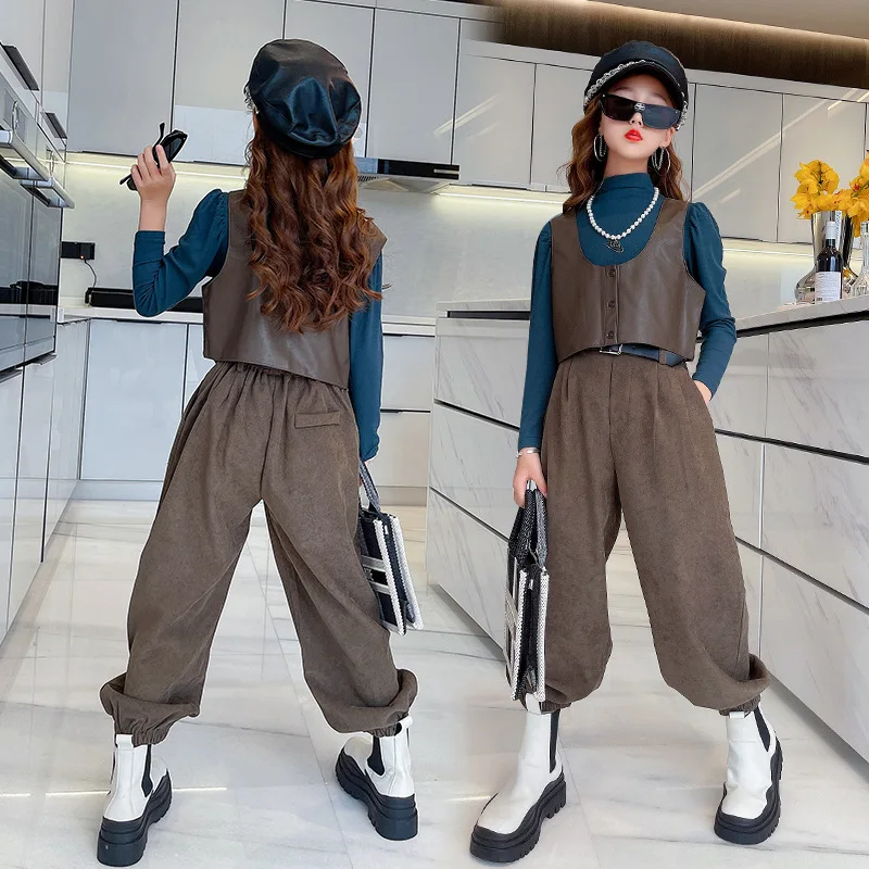 

3 шт./комплект, футболка и штаны для девочек, из ПУ кожи