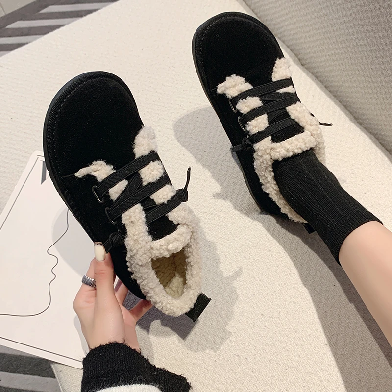 2022 Winter Casual Flat Shoes Women's Snow Boots Non-slip Plus Velvet Warm Cotton Shoes Flat Lace Female Boots Size 35-40