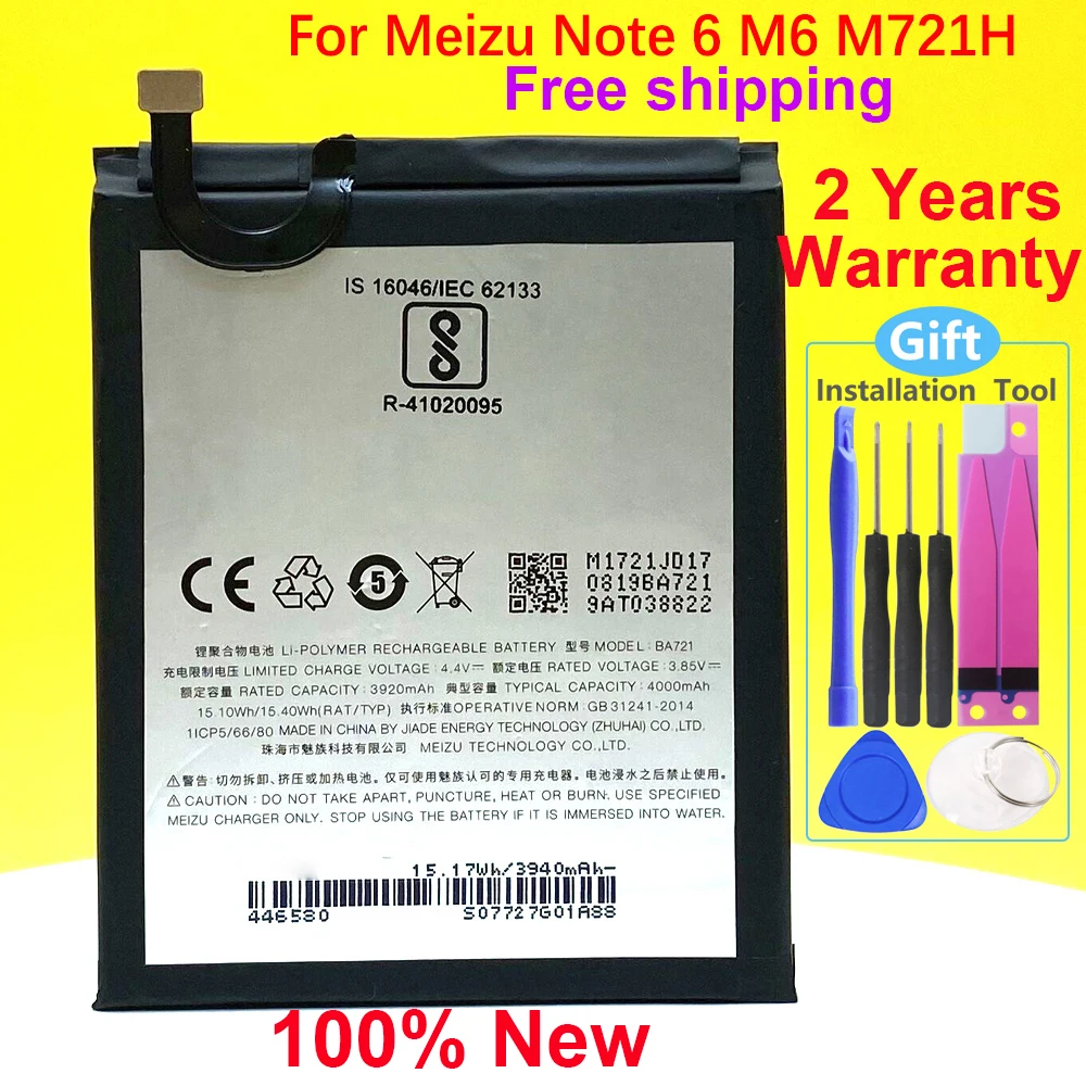 100% новый 4000 мАч BA721 Высококачественный аккумулятор для Meizu Note 6 M6 M721H M721Q смартфон с номером отслеживания Бесплатные инструменты