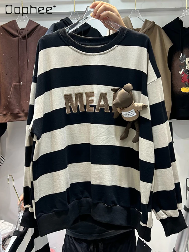 

Loose Striped Long Sleeves Hoodie Women 2023 Autumn New Round Neck Pullover Letter Embroidery Three-Dimensional Doll Sweatshirts