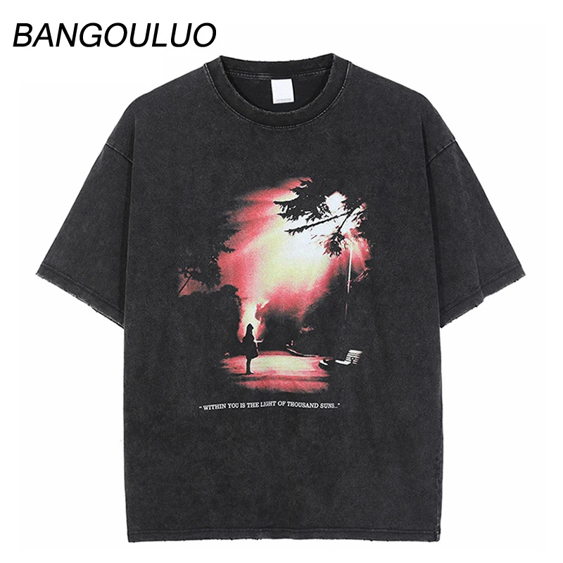 

Sunshine Letter Print T-Shirt Hip Hop Streetwear Washed T Shirt Harajuku Cotton Short Sleeve Tshirt 2023 Men Spring Tops Tees