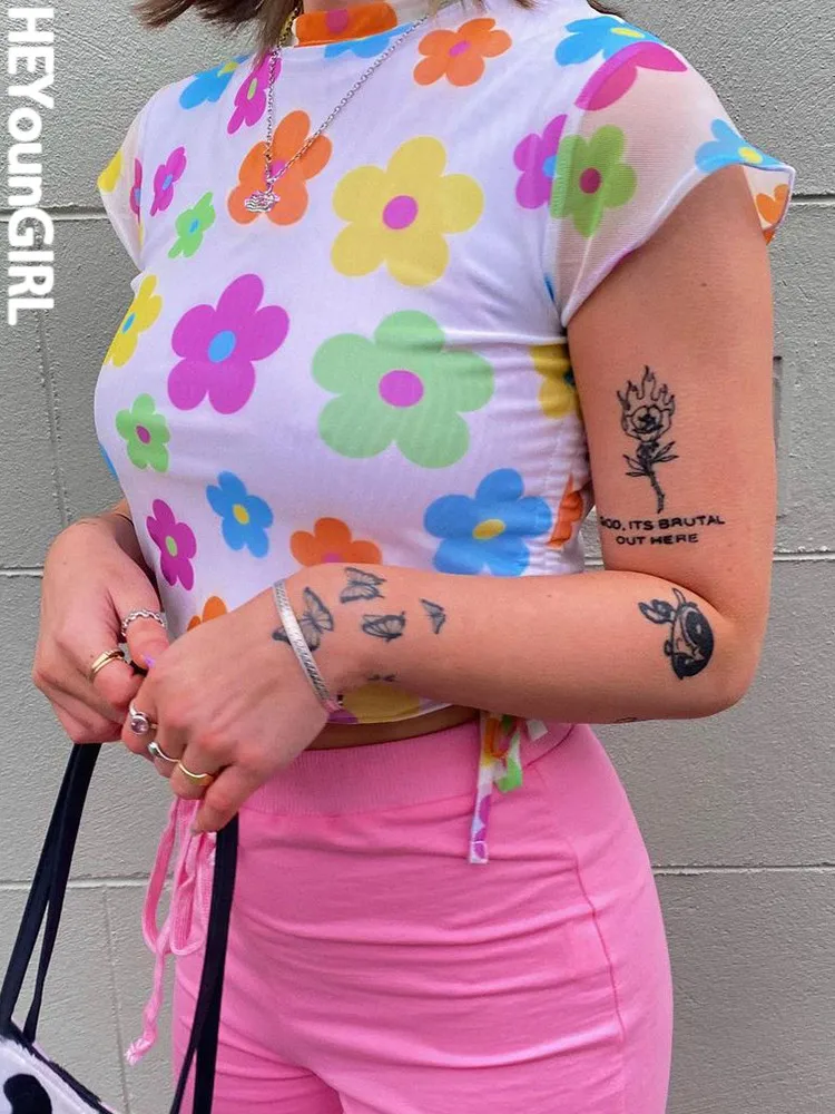 

HEYounGIRL Y2K Casual Floral Print Women's T-shirt Side Drawstring Short Sleeve Harajuku Crop Tops Summer Fashion Tee Shirts 90s