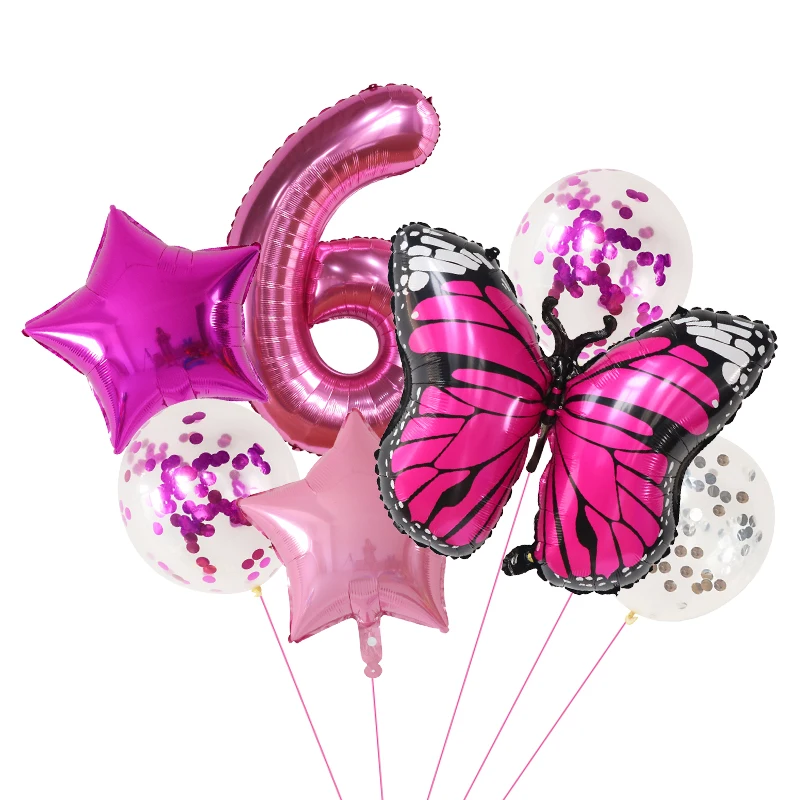 

7Pcs Rose Butterfly Digital Balloons Set 30Inch Number Bow Air Globos Girl's Room Birthday Party Home Decorations Kids Toys Gift