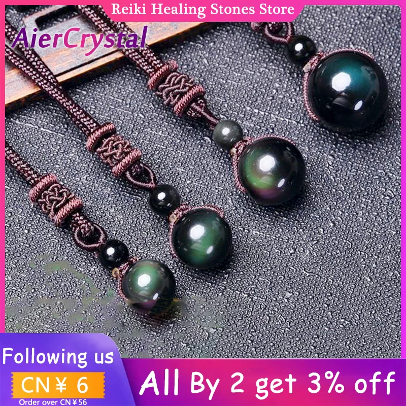 

Obsidian Rainbow Eye Beads Natural Stone Pendant Transfer Lucky Love Crystal Necklace Jewelry Free Rope Lovers Women Men Gift