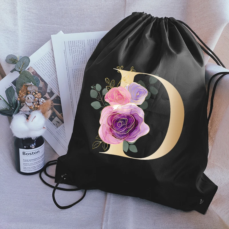 

Rose Letter Print Drawstring Bags Canvas Backpack Fashion Cosmetic Women Storage Bag Casual Shoes Pouch Travel Beach Bag