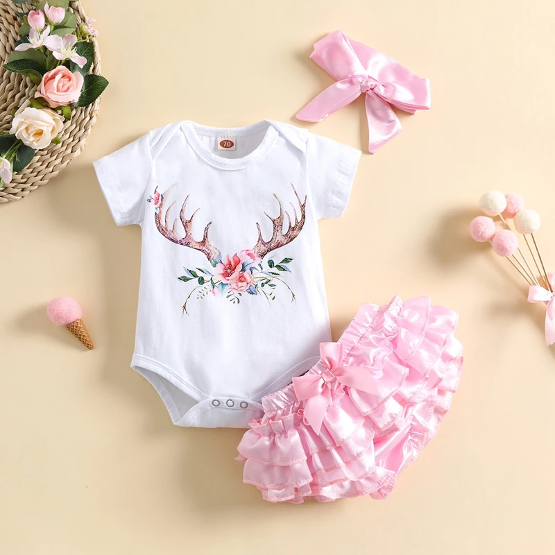 

2022 0-24M Infant Girl Clothes Short Sleeve Antlers Flower Pattern Romper+Ruffle Shorts Elastic Waist Headband Sweet Summer 3pcs