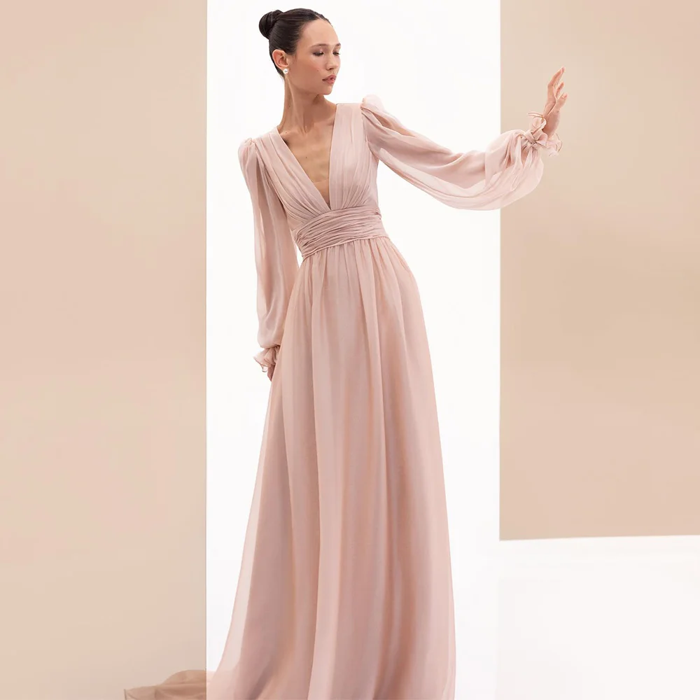 

Pale Pink Prom Dress Deep V Neck A Line Chiffon 2022 Evening Dress Long Sleeves Backless Sexy Formal Party Gowns Custom Made