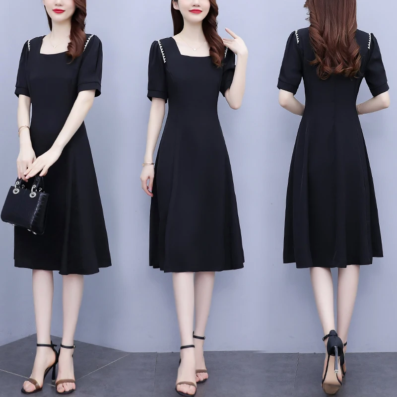 

Женское шифоновое платье с коротким рукавом, свободное однотонное платье с квадратным вырезом и вышивкой на талии, одежда для отдыха на лет...