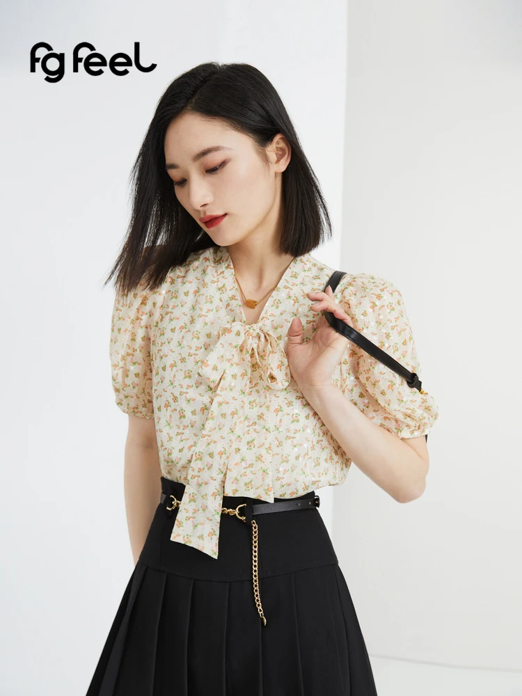 Pupu Sle Romantic Vitali Flower Lace-up Top Women 2024 New Slimming Versatile 9592S