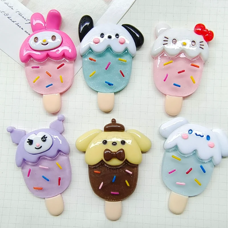 1pcs New Kawai Sanrios Ice Cream Hellokittys MyMelody Kuromi Cartoon Creative DIY Hair Rope Fridge Magnet Plastic Resin Patch