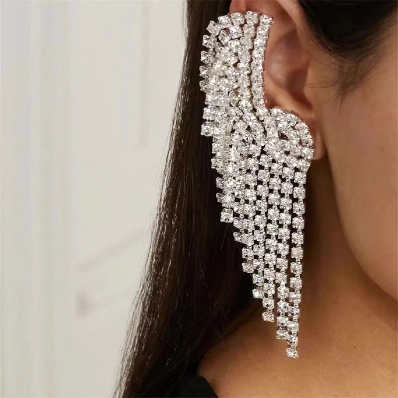 

2023 New Trend Rhinestone Fringe Wing Shape Women's Earrings Dinner Wedding Accessories Statement Fashion Luxury Jewelry