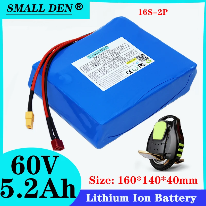 

Unicycle Battery 60V 5.2Ah 18650 Li-ion Battery Pack 16S2P Built-in BMS Continuous Power 900W for Electric Unicycle Battery