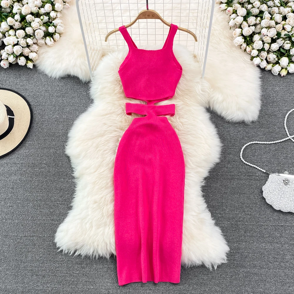 

Chic Hollow-out Waist Knitted Dress Summer Sexy Spaghetti Strap Bud Dress Elastic Knit Sweater Dress