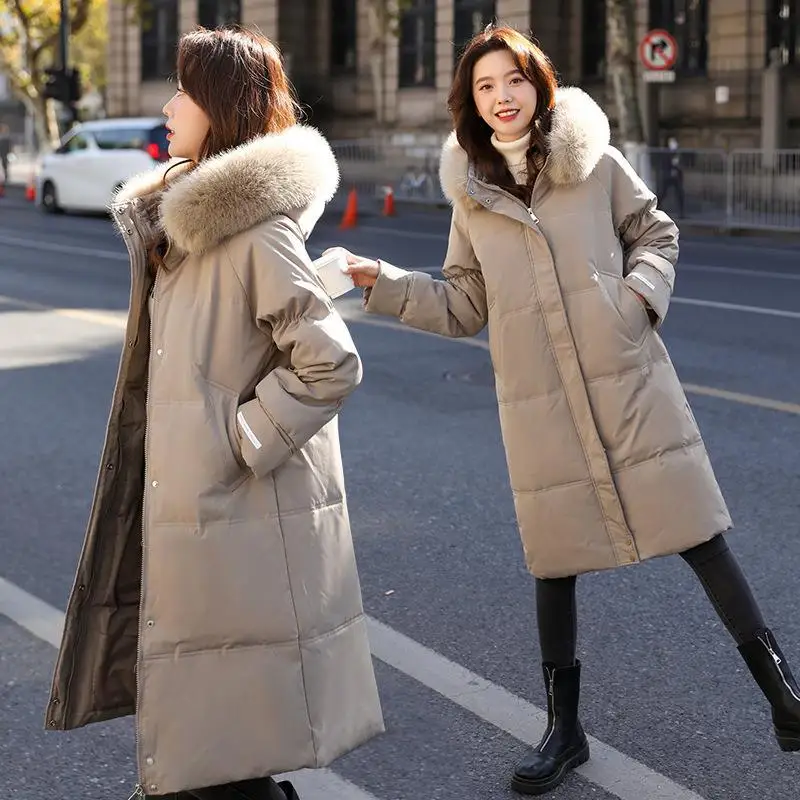 2022 Winter New Women Over-the-knee Long Hooded Down Jacket Design Sense Large Fur Collar Plus Velvet Warm White Duck Down Coats
