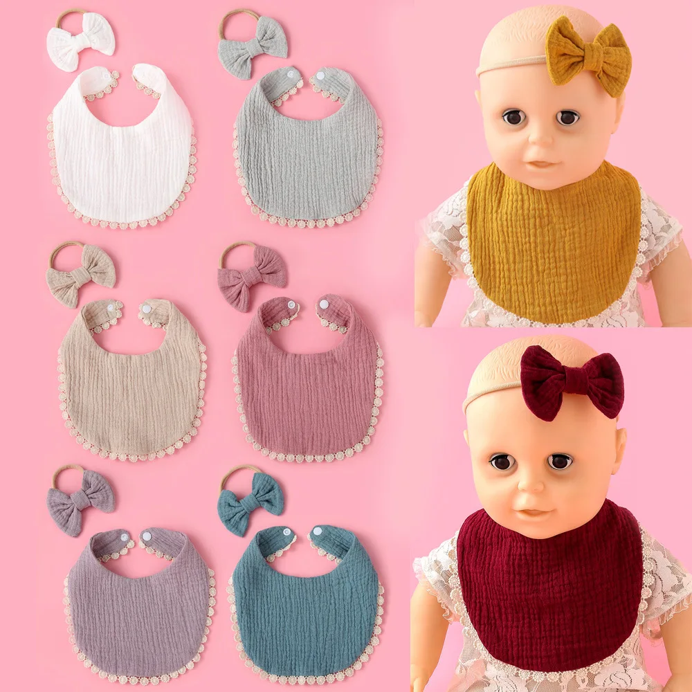 

2Pcs/Set Baby Bib with Nylon Hairband Newborn Soft Muslin Cotton Lace Saliva Towel Infant Toddler Suqare Bibs Burp Cloth Gift