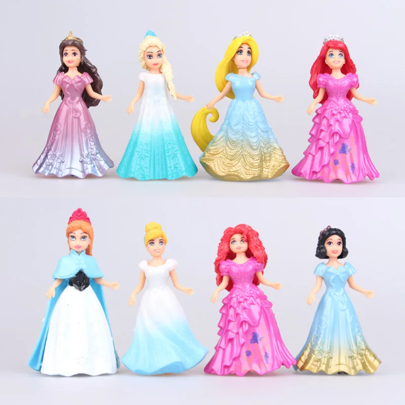 10cm 8pcs/Lot Disney Magic Clip Dress Magiclip Princess Figurines Snow White Elsa Anna PVC Action Figures Kids Best Toys