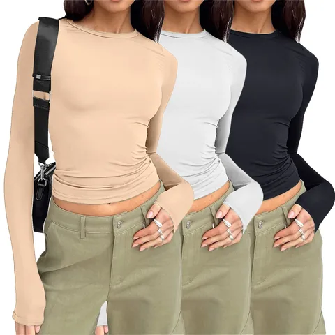 Комплект из 3 предметов, базовая короткая футболка, женские футболки с длинным рукавом, топы, модное нижнее белье, облегающий кроп-топ, футболка, блузка