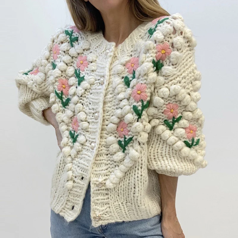 

OMCHION Casaco Feminino Inverno 2022 Winter Crocheted Embroidery Sweater Coat Women Casual Twist Pearl Button Knitted Cardigan